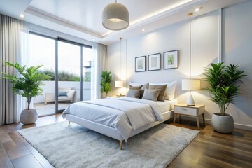Fototapeta premium Clean lines, bright white, minimalist bedroom, detailed photography, shallow depth of field.