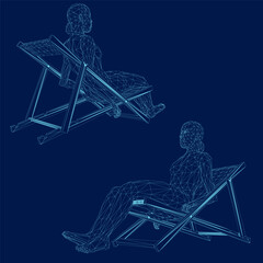 Woman sitting on beach lounger and enjoying comfort. Vector illustration
