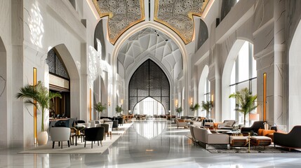Modern Lobby with High Ceiling, Tiled Floor, and Cozy Seating Area.