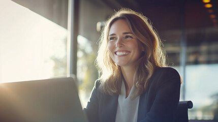 Fototapeta premium Woman smiling as she has a video conference on her laptop, natural light in a contemporary office, close up