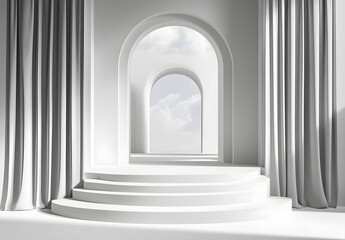 Fototapeta premium 3D podium on a white background with curtains and lights, a minimalist stage design style with a round shape, high resolution, rendered using Octane and Cinema 4D, a symmetrical composition, 