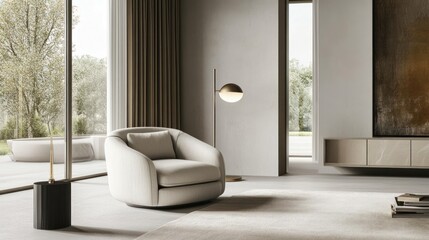 Modern living room featuring a swivel armchair and floor lamp