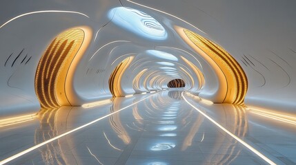 Fototapeta premium Futuristic Airport Terminal Interior with Reflective Transportation System
