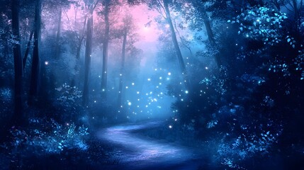 A beautiful forest with tall trees and lush foliage, a winding path leading to the horizon in the distance, with small glowing fireflies flying around at dusk. The sky is a pastel blue with 