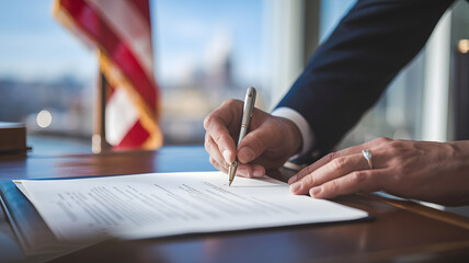Close-up of politician signing important document on wooden desk, symbolizing political career and decision-making process with flag and city scape elements.