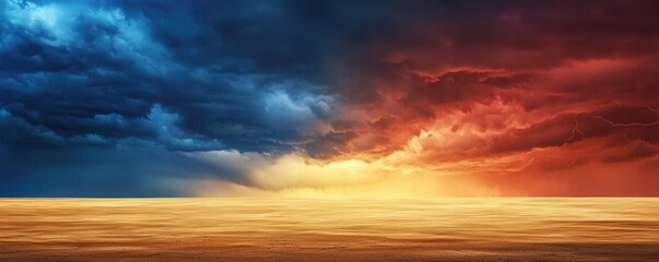 Obraz premium A stunning horizon blends dark blue and fiery red clouds above a calm sea, creating a dramatic sunset scene.