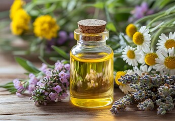 A bottle of essential oil surrounded by wildflowers and herbs, representing the natural beauty of the product and its calming effect for people with anxiety or stress. On an old wooden table, 