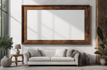 Large Wooden Frame Mockup in Empty Living Room with White Walls and Sofa
