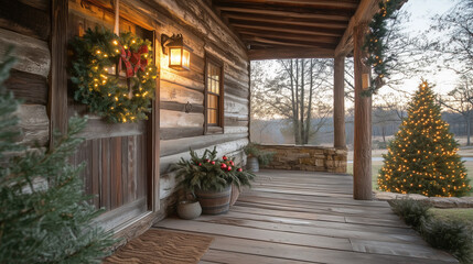 Twinkling garland, soft lantern light, wreath, and Christmas tree adorn the rustic porch