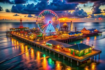 Obraz premium Galveston Pier Carnival Night - Evening Lights, Ferris Wheel, Coastal Amusement Park