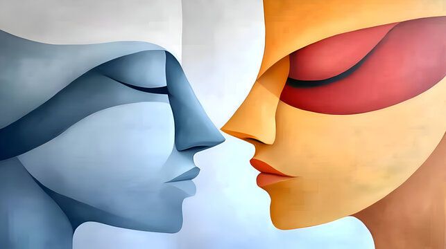 An abstract artwork depicting two faces in contrasting colors, representing unity and diversity.