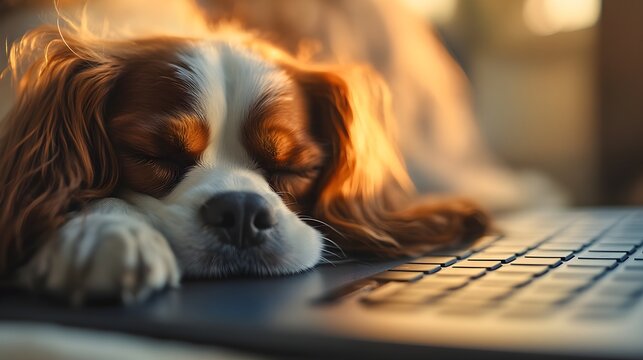A cute dog sleeping on the keyboard of an open laptop, a brown and white King Charles Spaniel with long hair is lying down, head resting on its paws in front of it, close-up shot, focus on its 