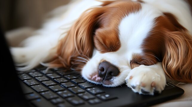 A cute dog sleeping on the keyboard of an open laptop, a brown and white King Charles Spaniel with long hair is lying down, head resting on its paws in front of it, close-up shot, focus on its 