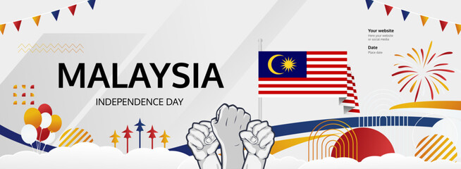 Malaysia National Day greeting banner concept. August 31st is celebrated as Malaysia Independence Day. Modern template backgrounds with flag and raised fist, great for national holiday poster.