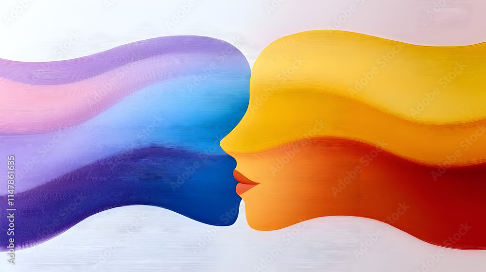 Poster a vibrant abstract representation of two faces merging with flowing colors.