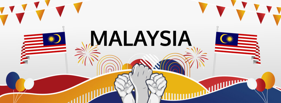 Malaysia National Day greeting banner concept. August 31st is celebrated as Malaysia Independence Day. Modern template backgrounds with flag and raised fist, great for national holiday poster.