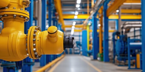 A vibrant industrial setting featuring a yellow valve with blue piping and machinery in the background, highlighting a well-organized manufacturing environment.