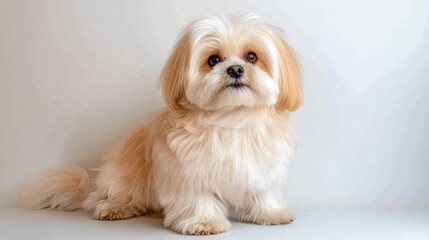 A fluffy white Maltese dog sits gracefully with its ears perked up, looking alert and attentive, against a clean and simple white background.