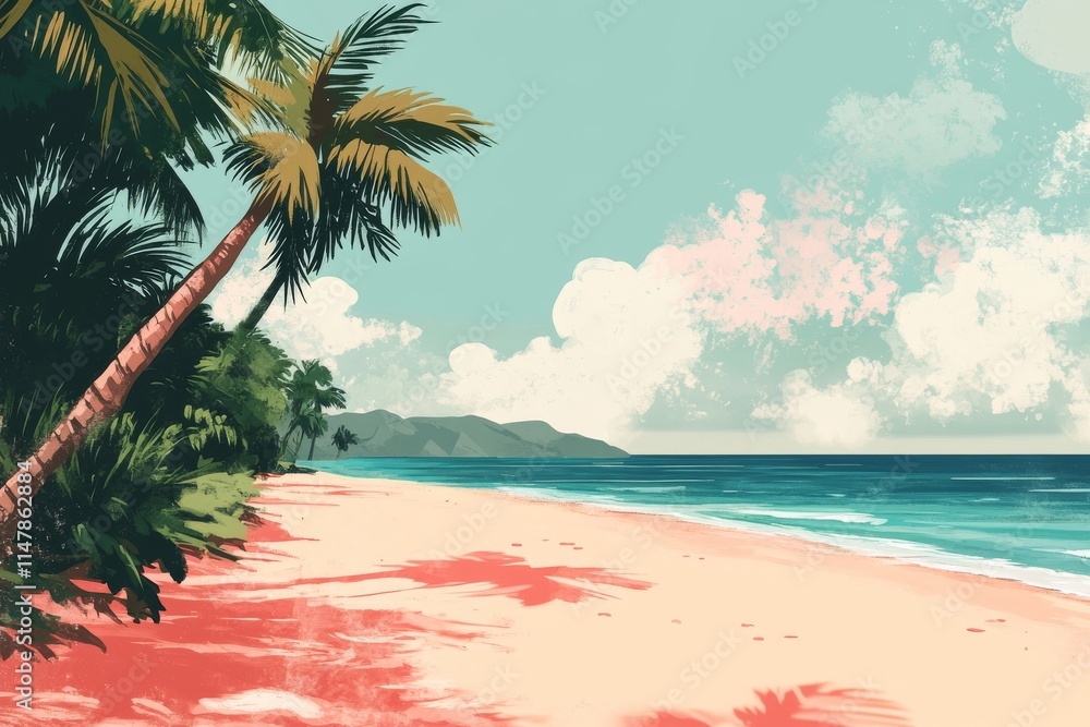 Poster a beach with a palm tree in the foreground. the palm tree is on the left side of the image