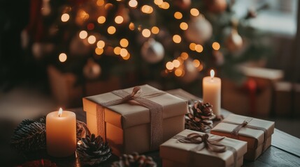 Gift boxes, ribbons, and candles arranged beautifully for a festive celebration during the holiday season. Generative AI
