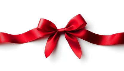 A red ribbon bow, isolated on a white background, with a simple and clean, minimal design. Captured with studio lighting, this high-resolution photograph is insanely detailed, showcasing the 