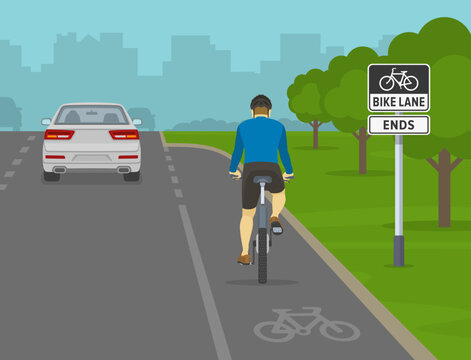 Safe driving tips and traffic regulation rules. United States "Bike lane ends" sign area. Back view of a bicycle rider on a bike lane. Flat vector illustration template.