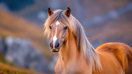 Obraz premium The stunning alpine wild horse possesses a striking coat of various shades of gray, brown, and white, blending perfectly with the rocky mountain terrain it calls home