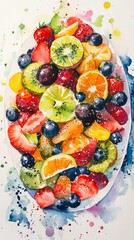 A painting of a fruit salad with a variety of fruits including oranges, kiwis, and strawberries