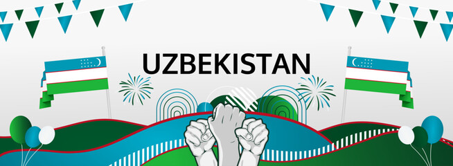 Uzbekistan Independence Day greeting banner concept. September 1st is celebrated as Uzbekistan National Day. Creative template with flag and raised fist, Perfect for National holiday poster.