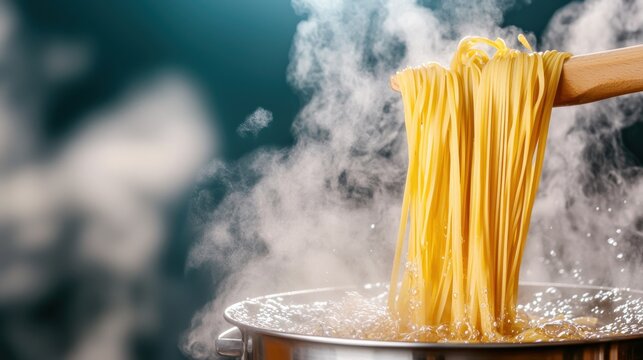 Long strands of freshly made pasta are gently lifted from a pot of vigorously boiling water