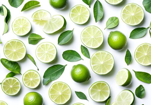 A vibrant photograph of fresh lime slices, a close-up shot on a white background, emphasizing the bright green color and textured surface, with leaves scattered around for contrast. The lighting 