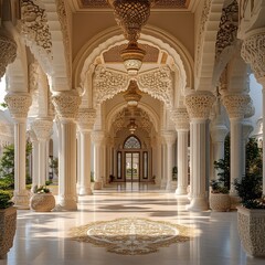 Fototapeta premium Luxurious Mosque Interior with High Ceilings, Arched Doorways, and Marble Flooring