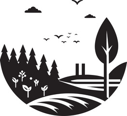 Black and white illustration of a landscape.