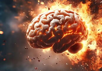 An exploding fireball of burning brain matter, dark background, hyperrealistic 