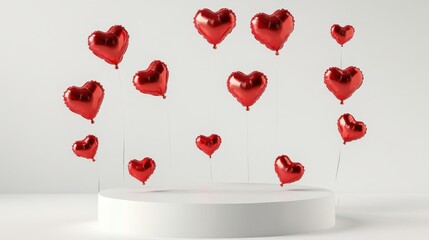 3D white cylindrical podium with red balloon,product display background,exhibition gallery display,vector,Product presentation realistic podium,platform,valentine day,space for text.