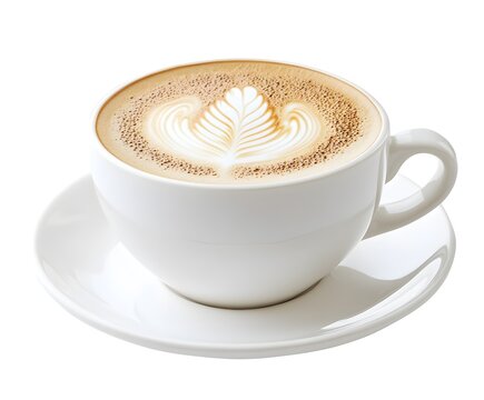 Cappuccino coffee cup with latte art, isolated on a white background. PNG clipart cutout. 