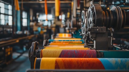 Fototapeta premium Colorful textile rolls on industrial textile printing machine.