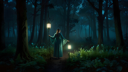Surreal photography of a mystical forest, glowing bioluminescent plants and ethereal mist floating above the ground, wide shot, twilight ambiance, whimsical attire on a lone traveler holding a lantern