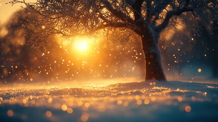 Naklejka premium A serene winter scene with a tree illuminated by the warm glow of a sunset, surrounded by falling snowflakes.