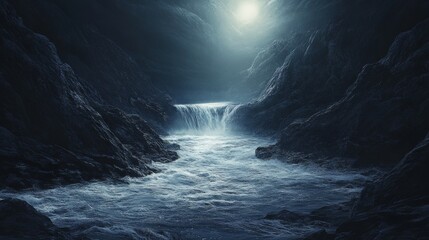 Obraz premium A river with a waterfall in the middle. The water is dark blue. The sky is clear and the moon is visible