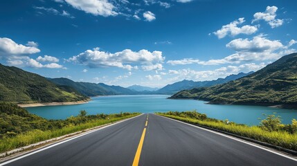 Naklejka premium Scenic Road Trip: Turquoise Lake and Majestic Mountains