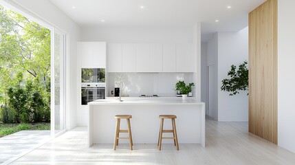 Modern white kitchen with island, stools, and garden view. (1)