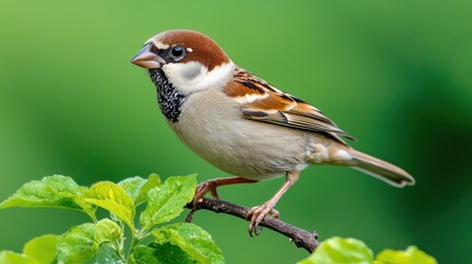 The sparrow is a small bird with brown and white feathers, a rounded body, and a delicate beak. It has a cheerful chirp and flits around gracefully, adding a touch of charm to any garden or park.