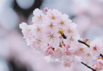 Obraz premium Photo of cherry blossoms framed on a grey background. 