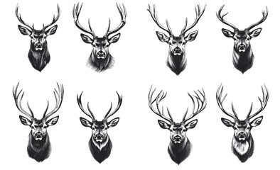 Set of hand-drawn deer and elk head illustrations on a white background, pencil drawings, vector graphics, high detail, professional quality. 