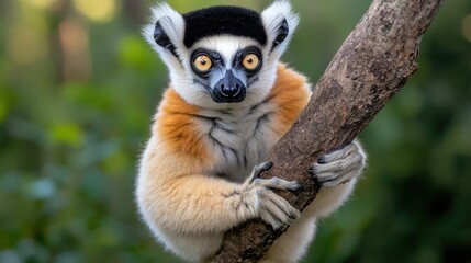 The indri lemur, known for its striking black and white fur, sits perched on a sturdy tree branch, its large golden eyes scanning the surrounding forest with an air of curiosity and intelligence