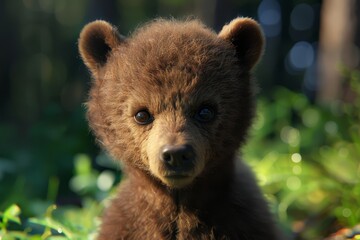 Obraz premium A baby bear with brown fur and a black nose. It is looking at the camera. The bear is in a green field
