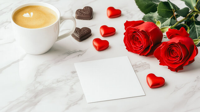 A white coffee cup with a heart on it sits on a marble countertop