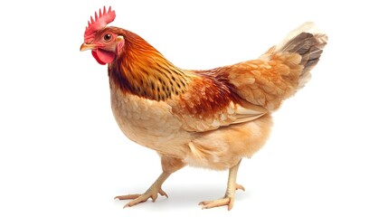 Fototapeta premium A Light Brown Hen Stands Against A White Background
