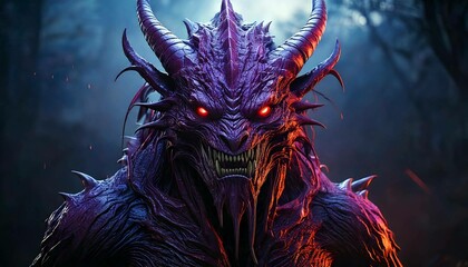 Evil Purple Red Monster Character design art, void demon creature arcane arcanist, mist, photorealistic, octane render, unreal engine, hyper detailed Generative AI